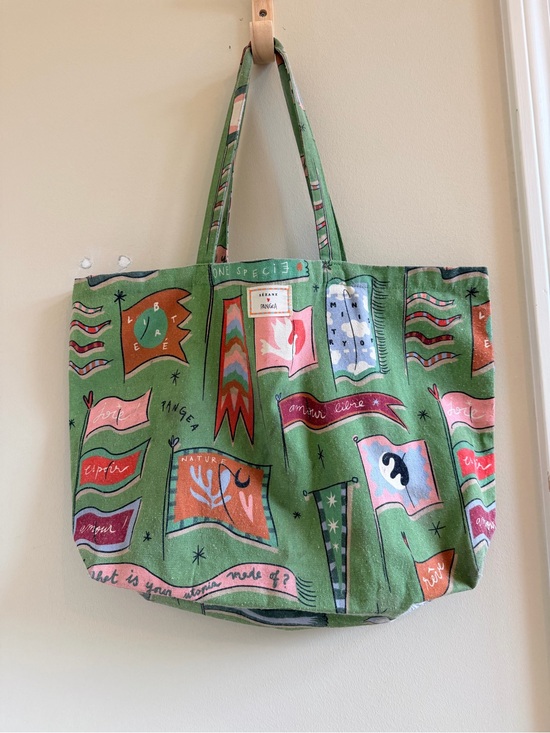 Sezane Handbags - SEZANE Flag Print Green Canvas Tote Bag 13” x 19” w/10” handle drop